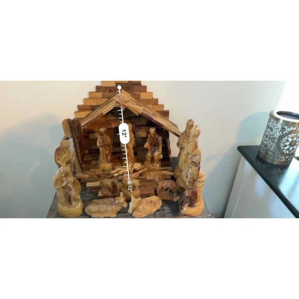 Hand Carved Olive Wood Nativity Set Bethlehem Holy Land 14 Pc Folding Stable